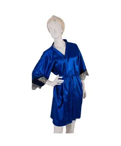Халат шелковый синего цвета с кружевами 16500 Qookaa, швейный цех
