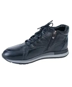 Ботинки мужские черного цвета со шнуровкой и застежкой молния из натуральной кожи и натурального меха с подошвой серого цвета антилед 33000 Zshoes, ​бутик обуви