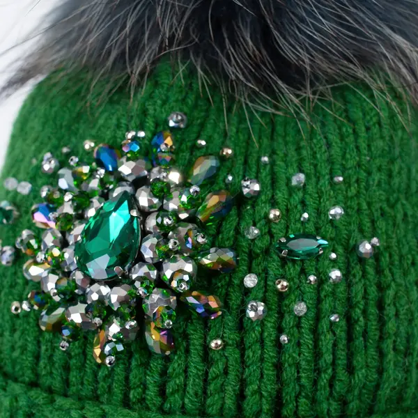 Шапка и варежки зеленого цвета из натуральной шерсти с подкладом и натуральным помпоном 20000 Ola-la, вязаные изделия ручной работы